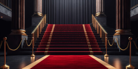 Red carpet and ceremonial VIP staircase, close up. VIP luxury entrance with red carpet. interior of the palace. digital ai art