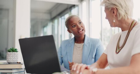 Canvas Print - Corporate women, planning and office with laptop for strategy, vision and coach for marketing project. Black woman, senior executive and teamwork with computer, future goal and brainstorming meeting