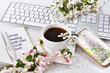 Coffee break at office or home in spring time