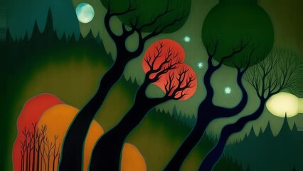 Wall Mural - Journey through a Strange Storybook / Folk Art Style Forest. Animation of Trees, Woodland Animals, Forest Characters. [Fantasy, Nature Scene. Graphic Novel, Picture Book, Comic, Cartoon Style.]