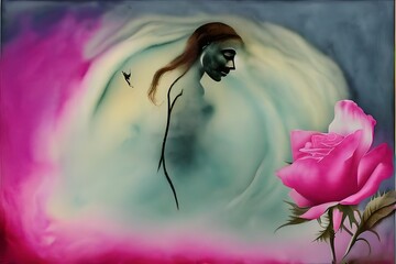 Wall Mural - A surrealistic scene of a ghostly figure emerging from a rose Generative AI.