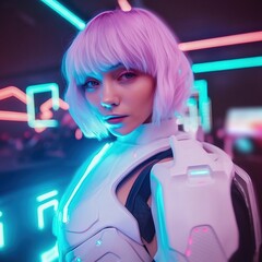 Wall Mural - portrait of a sci-fi cyberpunk girl. high-tech futuristic woman from the future. generative ai art.