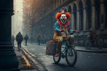 A Clown With A Strange Face Riding A Bicycle,AI Generated