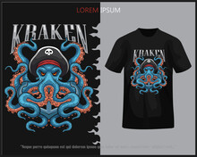 Octopus Kraken Pirates Mascot Isolated On Black T-shirt