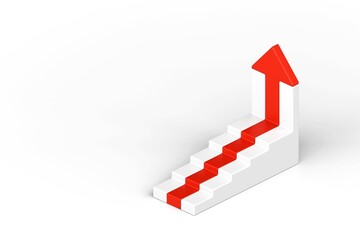 Wall Mural - Red arrow up with white stair on white background, 3D arrow climbing up over a staircase,Business concept of goals, success, ambition, achievement and challenges, 3d rendering