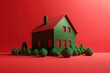 © AkuAku - green house in a forest clearing on a red background. Generative AI