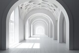 Fototapeta Perspektywa 3d - long hallway with arched white walls, leading towards a bright light at the end. Generative AI
