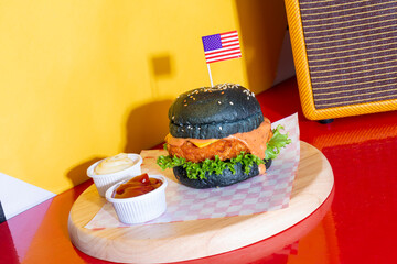 Sticker - fried shrimps burger on wood tray