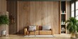 canvas print picture Interior living room wall mockup with leather sofa and decor on wooden wall background.3d rendering