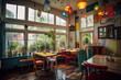 Interior of restaurant with pastel walls and quirky colorful decor and furniture