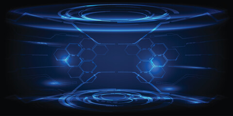 Wall Mural - Vector illustration of Futuristic digital blue neon curve stage with digital element around for hi tech advertising and game showcase.Future digital technology concepts.