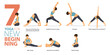 7 Yoga poses or asana posture for workout in new beginning concept. Women exercising for body stretching. Fitness infographic. Flat cartoon vector.