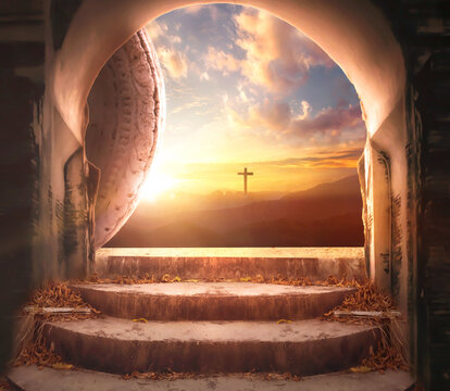 easter and good friday concept, empty tombstone with cross on mountain sunrise background