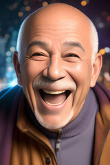 Wall Mural - Older Asian Bald Man Open Mouth Smile Laughing and Reacting Generative AI Illustration
