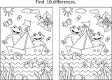 Fototapeta Dinusie - Difference game with frogs, sailboat, pond
