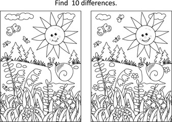 Wall Mural - Difference game with sun, snail, butterflies and wildflowers. Spring or summer. Black and white.
