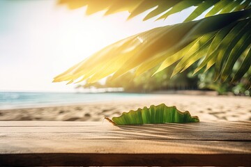 Canvas Print - fresh green leaf resting on a rustic wooden table. Generative AI