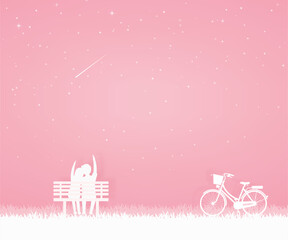 lover come to the garden with bicycle and sit on the chair, looking to the crescent moon or shooting star. valentine card, paper art in pink and white background.