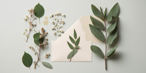 Wall Mural - Elegant greenery on wedding invitation card. mock up template top view Generative AI