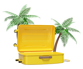 Wall Mural - 3d yellow open suitcase empty with palm tree isolated. summer travel concept, 3d render illustration