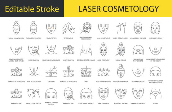 laser cosmetology line icon set in vector, illustration of facial rejuvenation and pigment spots, sp