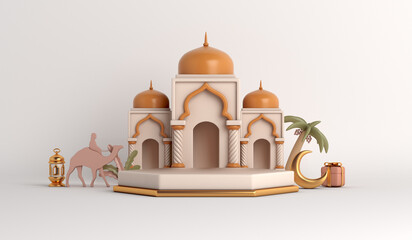 Wall Mural - Islamic display podium decoration background with mosque, lantern, crescent moon, dates tree, camel, ramadan kareem, mawlid, iftar, isra  miraj, eid al fitr adha, muharram, copy space 3D illustration.