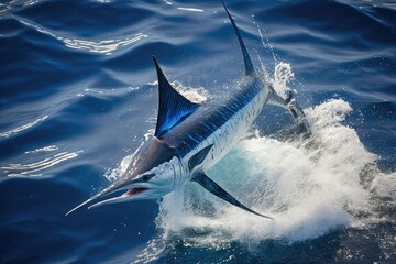 Poster - aerial view of marlin making jump from the water, with its bill and dorsal fin visible, created with generative ai