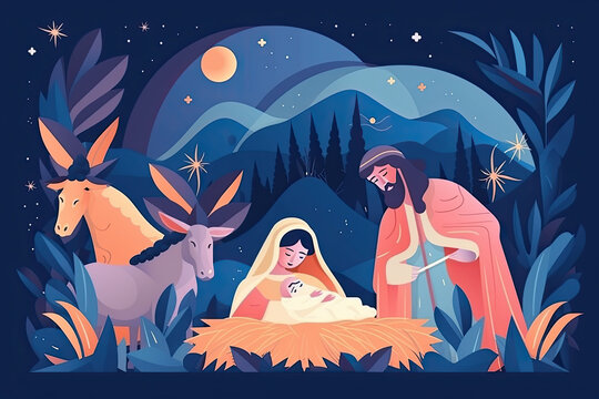 Christmas banner or poster featuring Mary and Joseph and the infant Jesus in the manger, generative AI