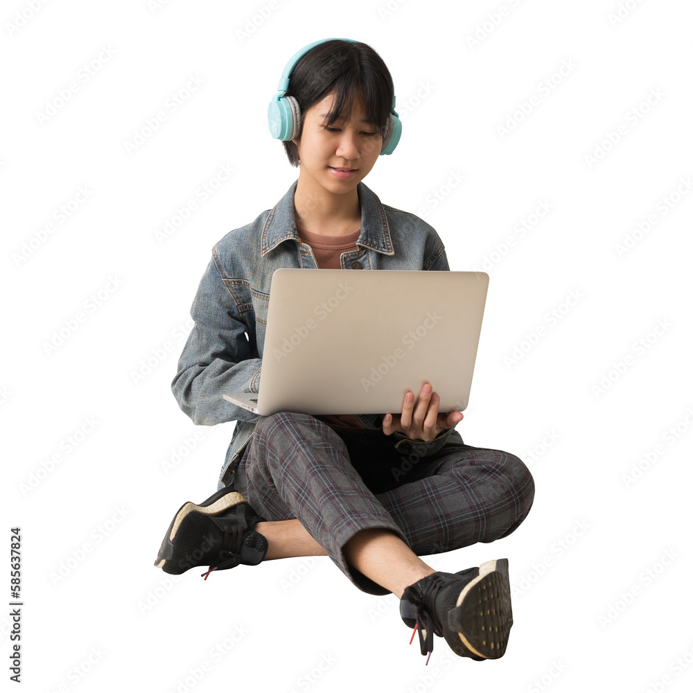 full body portrait young Happy Asian teen girl siting holding laptop ...