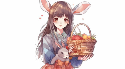 Wall Mural - anime girl with rabbit, basket and eggs colored eggs