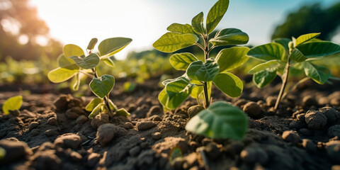 Soybean growth in farm with blue sky background. agriculture plant seeding growing step concept Generative AI