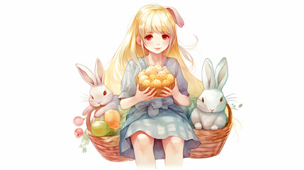 Poster - anime girl with rabbit, basket and eggs colored eggs