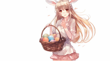 Wall Mural - anime girl with rabbit, basket and eggs colored eggs