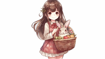 Wall Mural - anime girl with rabbit, basket and eggs colored eggs