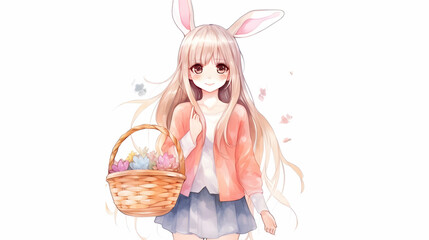 Poster - anime girl with rabbit, basket and eggs colored eggs