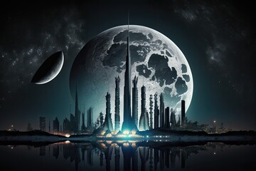 Poster - megaproject, with the city's skyscrapers and monuments illuminated by night, against silhouette of moon, created with generative ai