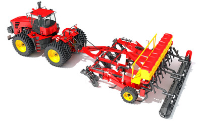 Wall Mural - Farm Tractor with Seed Drill 3D rendering on white background