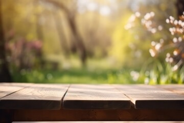 Empty wooden table outdoors, blur green park and garden, nature background, product display template, Generative AI