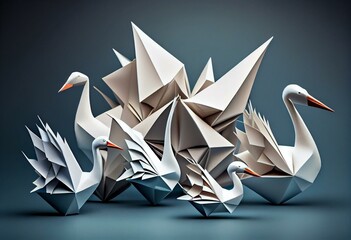 Innovative thinker concept and new idea thinking as a symbol of revolutionary innovation and inspiration metaphor as a group of paper swans and a game changer origami bird in flight. Generative AI