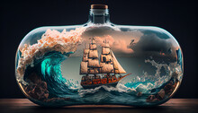 Wide-angle-split-photography Of A Ship Inside Of A Bottle On The Ocean, Stormy, Electrifying