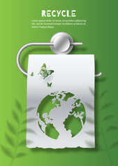 Wall Mural - Recycle banner design, tissue paper roll with earth, save the planet and energy concept, paper illustration, and 3d paper.