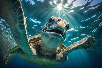 portrait of a happy sea turtle swimming underwater with sunlight through water surface. generative a