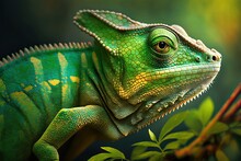 Close Up Of A Green Color Chameleon Lizard On Green Background, Generative Ai