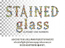 Stained Glass Alphabet From Decorative Transparent Colored Piece Of Glass. Vector Font In Stained Glass Window Style With Signs, Symbols And Numbers.