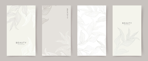 Universal white beige grey banners with floral elements. Neutral beautiful backgrounds.  Vector illustration for card, banner, invitation, social media post, poster, mobile apps, advertising