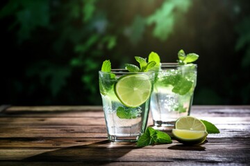 Verres de mojito, cocktail de rhum à la menthe et au citron vert sur une table en bois, illustration culinaire, ia générative 7