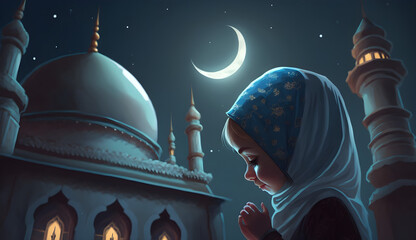 muslim young girl praying on a mosque with starry and crescent moon moon night, mosque at night, wal