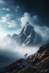 Couple of hikers walking on the top of a mountain with fog. Generative AI