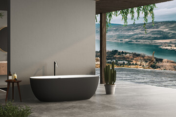 Modern dark bathroom with gray walls, concrete floor and comfortable basin with black faucet, drawer, oval mirror hanging on wall, plants, bathtub, pool and sea view. 3d rendering