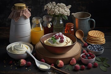 Canvas Print - topping for pancakes on table next to bowl of cream, ingredients and other sweet dishes, created with generative ai